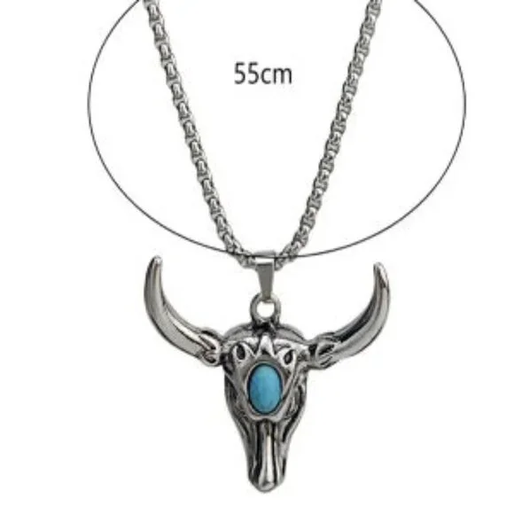 Silver Alloy Bull Head Western Vintage Pendant Necklace With Turquoise - Picture 2 of 2